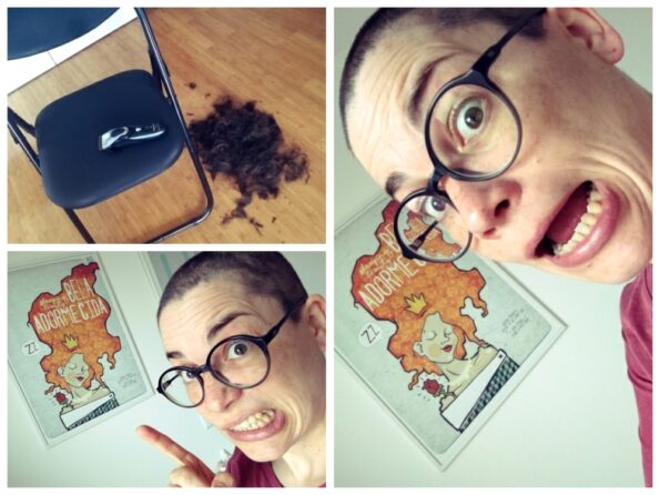 Katharina Mauders Haare wurden abrasiert. Mit Kahlkopf zeigt sie auf ein Poster von einem schlafenden Dornröschen mit wallenden Haaren. 